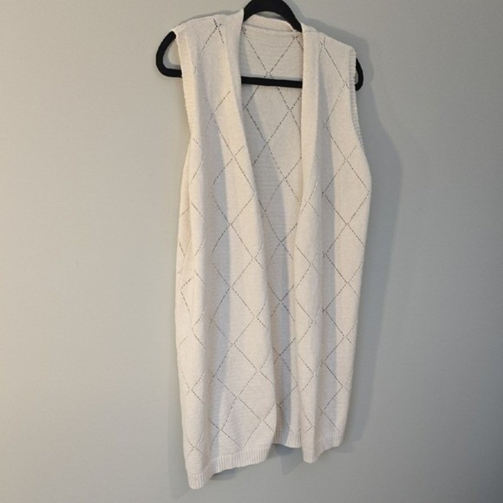 Boho Cream Pointelle Longline Cardigan Vest Knit Diamond Crochet Pattern Size M